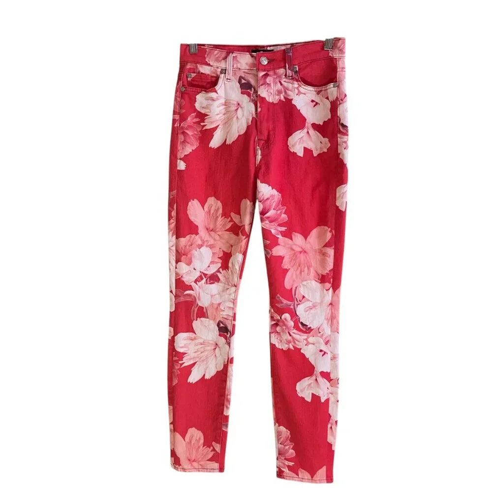 7 For All Mankind High Waist Ankle‎ Skinny Floral Jeans Red Pink Sz 27 Statement